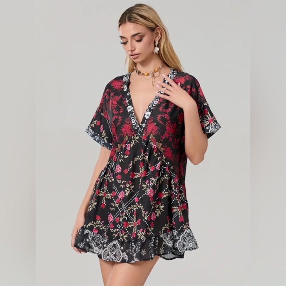 Free People 100% Cotton Black and Pink Short Sleeve V Neck Agnes Mini Dress